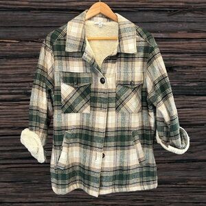 Green and Cream Utility Jacket with Plaid Pattern